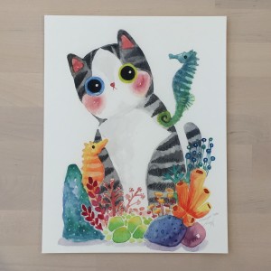 The Series of the Aquarium Cat - Seahorse Print by Shanghee Shin Signed